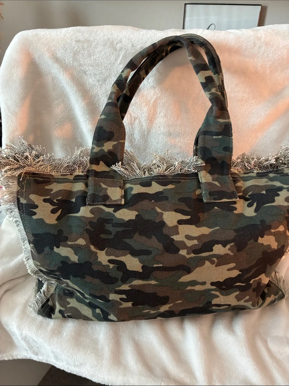 Camouflage Fringe Canvas Tote - Green/Brown 12L 17W not including handles